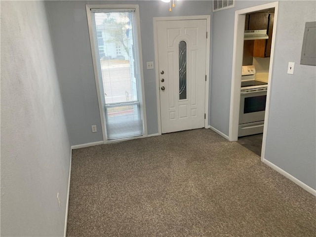 carpeted foyer entrance with electric panel and ceiling fan