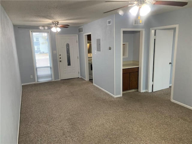 carpeted empty room featuring electric panel, ceiling fan, and a textured ceiling