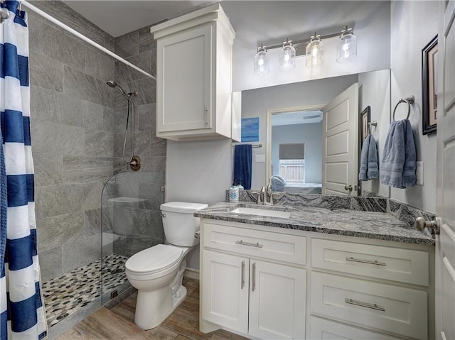 bathroom with a stall shower, wood finished floors, vanity, and toilet