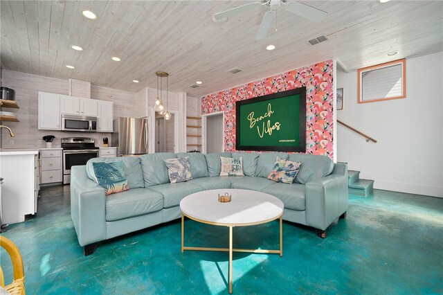 living room with wood ceiling and ceiling fan