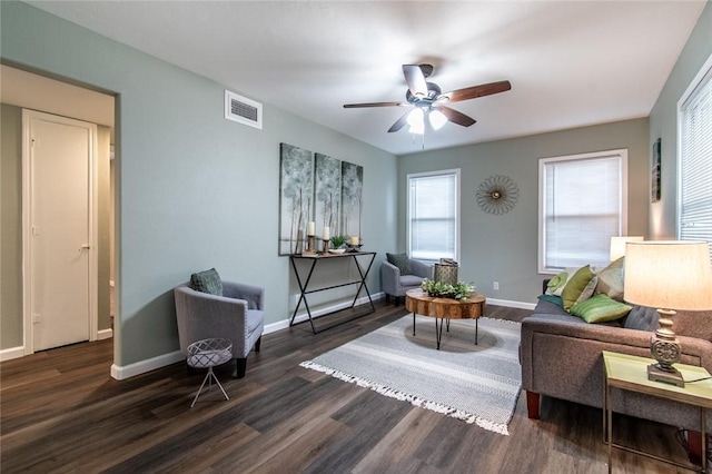 950 Susan Dr, Corpus Christi, TX 78412 - living room with a ceiling fan, plenty of natural light, dark wood-type flooring, and baseboards