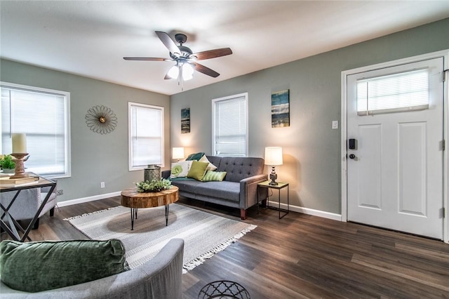 950 Susan Dr, Corpus Christi, TX 78412 - living area with baseboards, ceiling fan, and dark wood finished floors