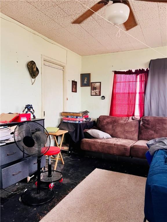 living room featuring ceiling fan and carpet