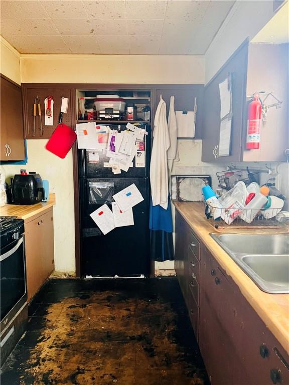 kitchen with black fridge, stove, and sink