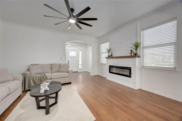 living room with hardwood / wood-style flooring, ornamental molding, and a fireplace