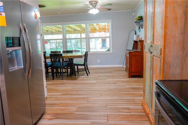1508 Roosevelt Dr, Alice, TX 78332 - dining room featuring a ceiling fan, light wood-style flooring, and crown molding