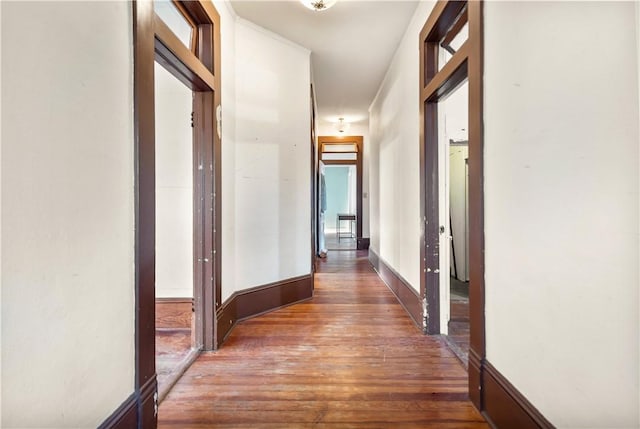 hall with baseboards and wood finished floors