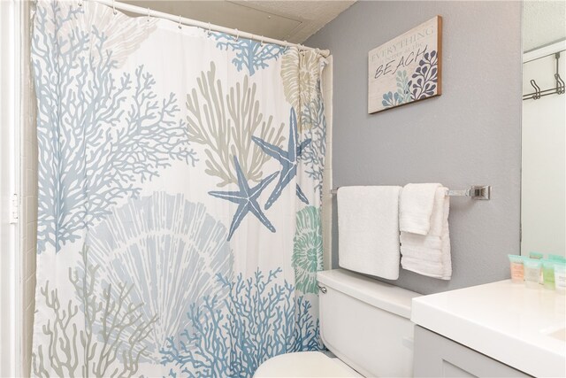 bathroom featuring vanity, toilet, and a shower with shower curtain