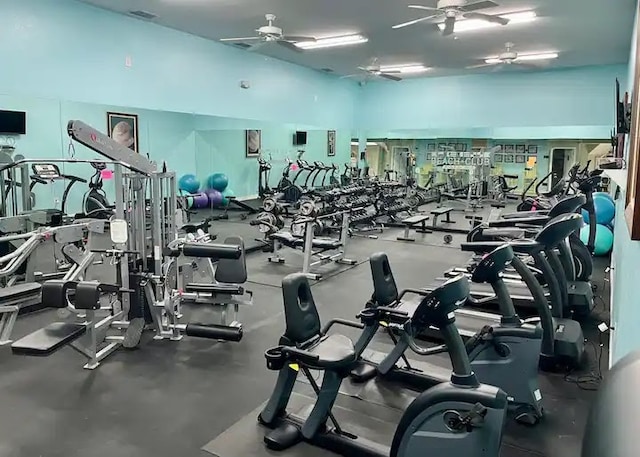 workout area with ceiling fan