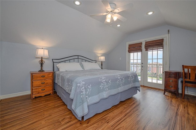 bedroom with lofted ceiling, wood finished floors, recessed lighting, baseboards, and access to exterior