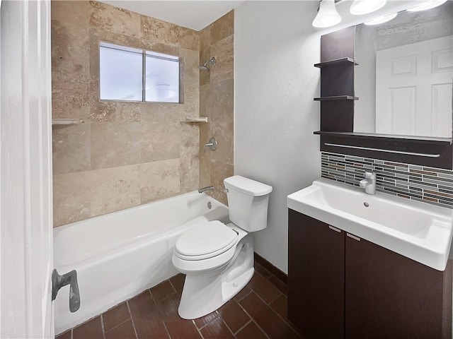 full bath featuring toilet, wood tiled floor, vanity, backsplash, and shower / bathing tub combination