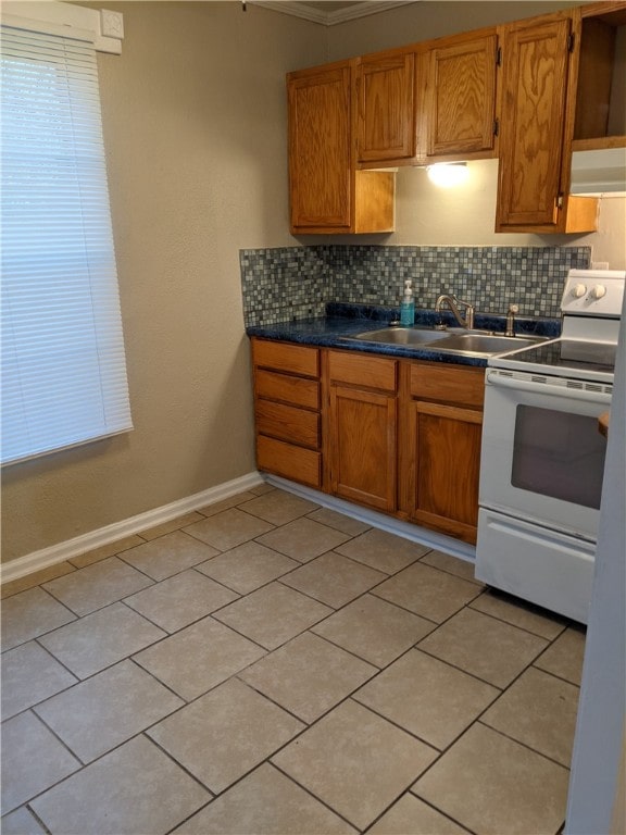 kitchen with tasteful backsplash, sink, and white electric range