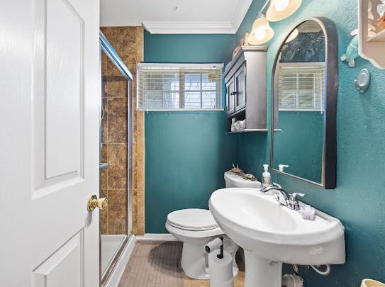 bathroom featuring crown molding, sink, an enclosed shower, and toilet