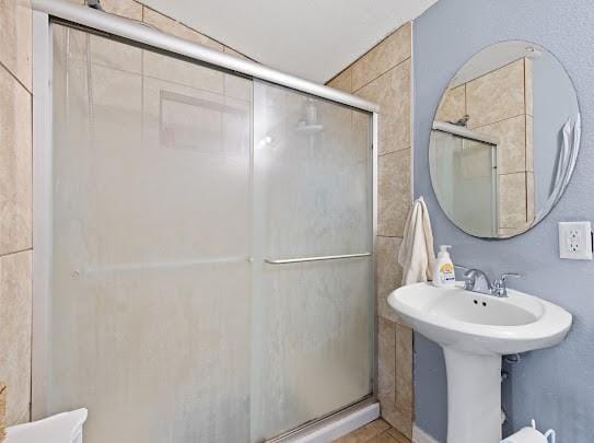 bathroom featuring a shower with shower door