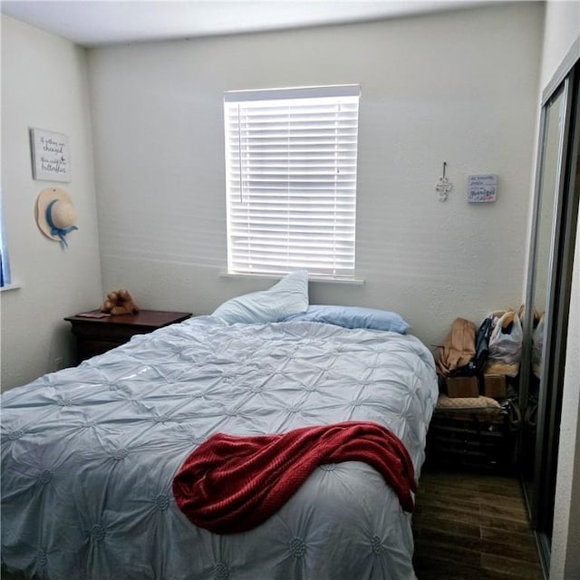 bedroom featuring multiple windows, wood finished floors, and a closet