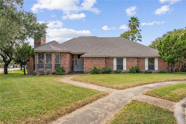 5305 Hunt Cir, Corpus Christi, TX 78413 - view of front of home featuring a front lawn, brick siding, a shingled roof, and a chimney
