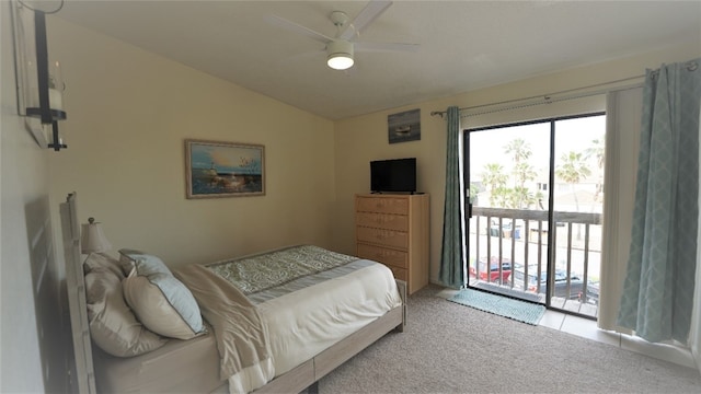 bedroom with ceiling fan, carpet flooring, vaulted ceiling, and access to outside