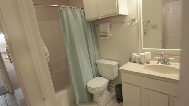 full bathroom with shower / bathtub combination with curtain, vanity, toilet, and tile patterned flooring