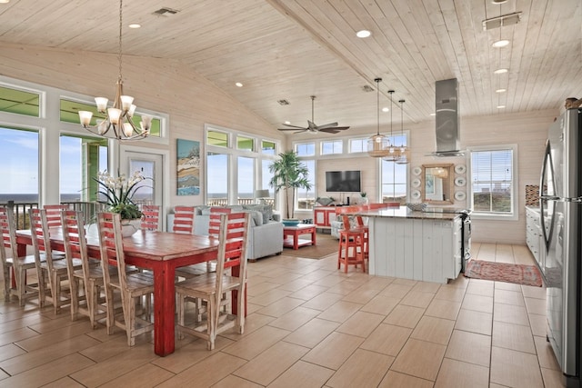 dining area featuring high vaulted ceiling, ceiling fan with notable chandelier, and wood ceiling