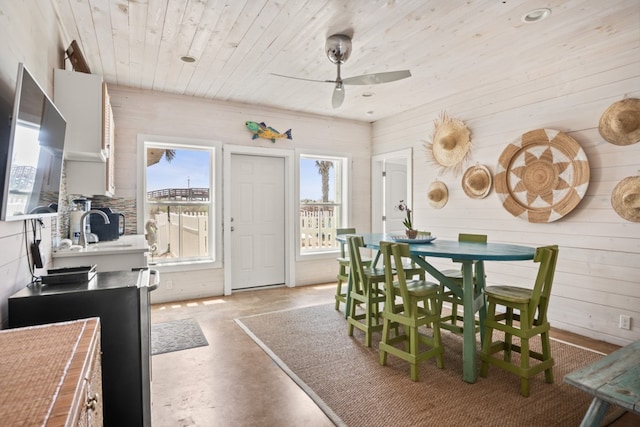 dining room featuring ceiling fan, wood ceiling, and wooden walls