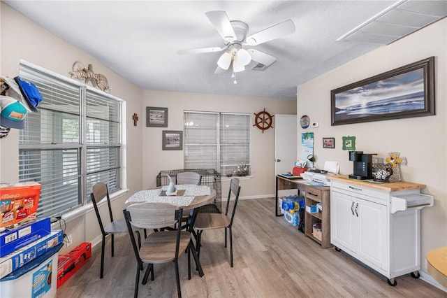 245 Griffith Dr, Rockport, TX 78382 - dining room with ceiling fan, visible vents, baseboards, and light wood finished floors