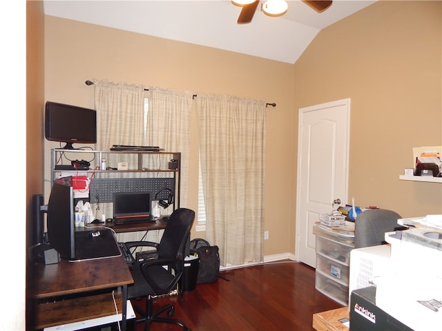 office with wood-type flooring, ceiling fan, and lofted ceiling