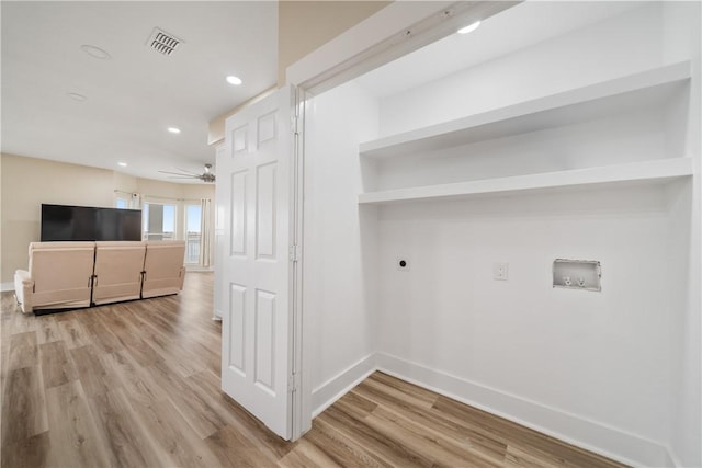 738 Crown Hbr, Corpus Christi, TX 78402 - laundry area with hookup for a washing machine, visible vents, electric dryer hookup, ceiling fan, and wood finished floors