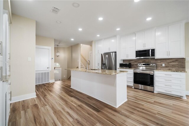 738 Crown Hbr, Corpus Christi, TX 78402 - kitchen with decorative backsplash, white cabinets, visible vents, stainless steel appliances, and a sink