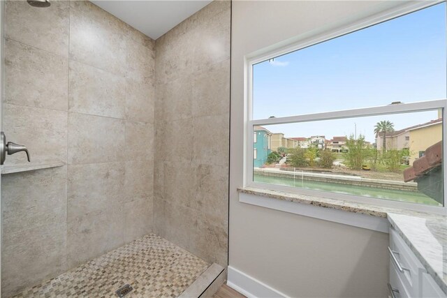 738 Crown Hbr, Corpus Christi, TX 78402 - bathroom featuring vanity, baseboards, and tiled shower