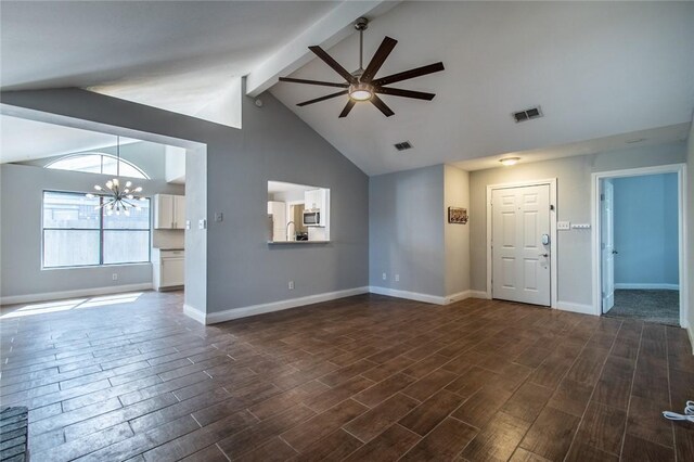 unfurnished living room with beamed ceiling, visible vents, baseboards, and ceiling fan with notable chandelier