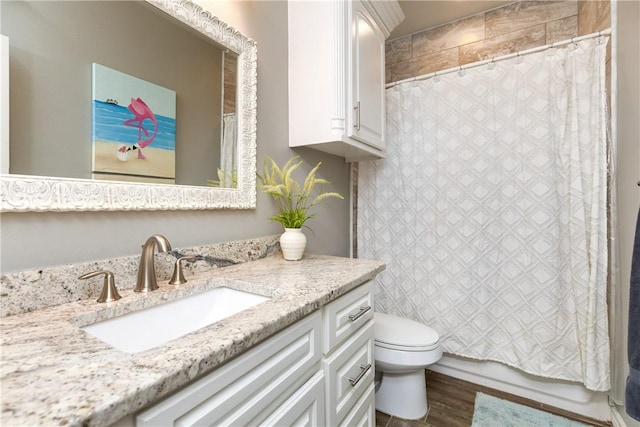 bathroom featuring vanity, hardwood / wood-style floors, and toilet