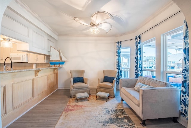 living area featuring wood-type flooring, sink, and ornamental molding