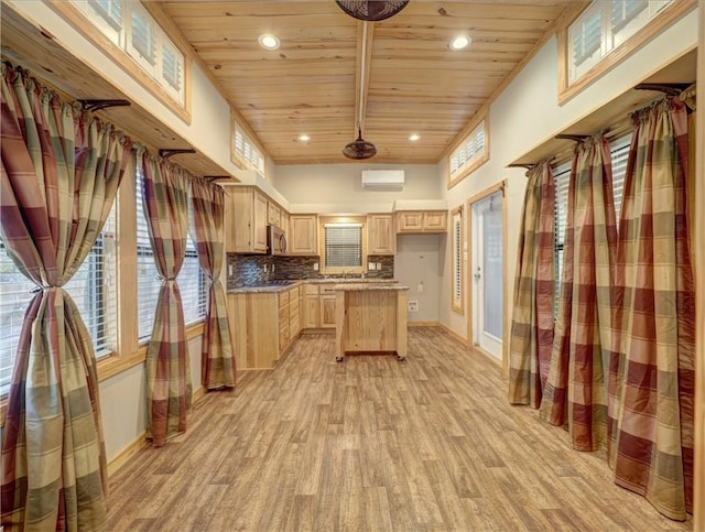 kitchen with wood ceiling, light brown cabinets, a kitchen island, and decorative backsplash