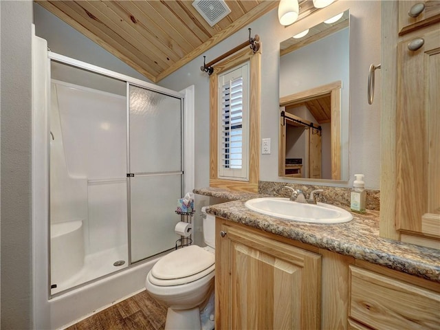 bathroom with lofted ceiling, wood ceiling, vanity, visible vents, and a stall shower