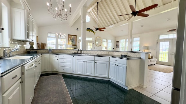 kitchen with white dishwasher, a peninsula, a sink, white cabinets, and dark countertops