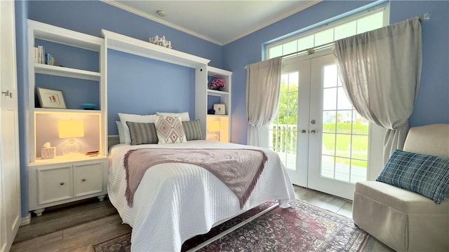 bedroom with access to exterior, ornamental molding, dark wood-style flooring, and french doors