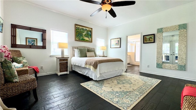 bedroom with baseboards, multiple windows, dark wood-style floors, and crown molding