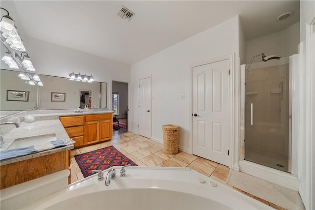 bathroom with vanity, shower with separate bathtub, tile patterned floors, and a notable chandelier