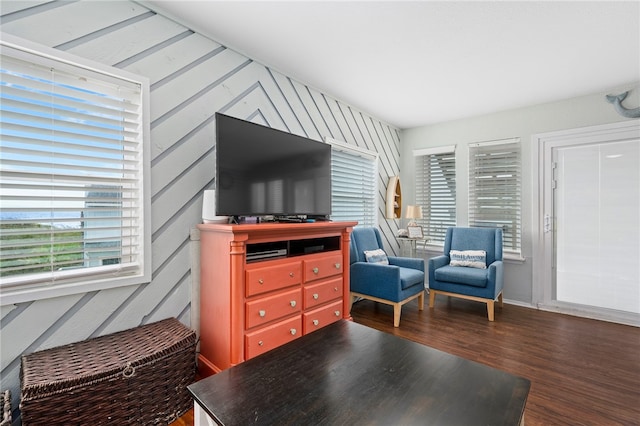 sitting room featuring dark wood-type flooring