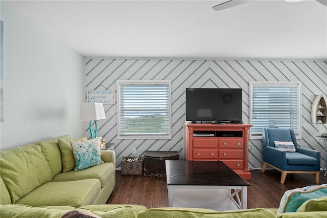 living room with dark hardwood / wood-style floors