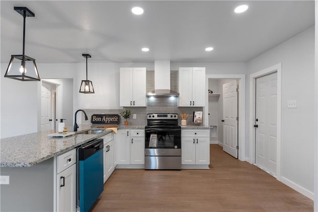 2809 Tarlton St, Corpus Christi, TX 78405 - kitchen featuring stainless steel electric stove, dishwasher, wall chimney range hood, a peninsula, and white cabinetry