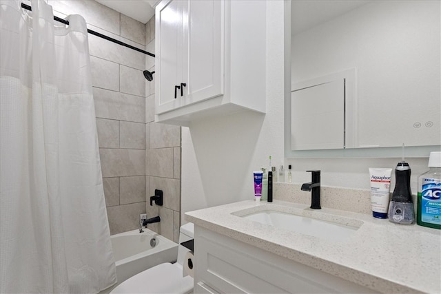 full bathroom with vanity, toilet, and shower / bathtub combination with curtain