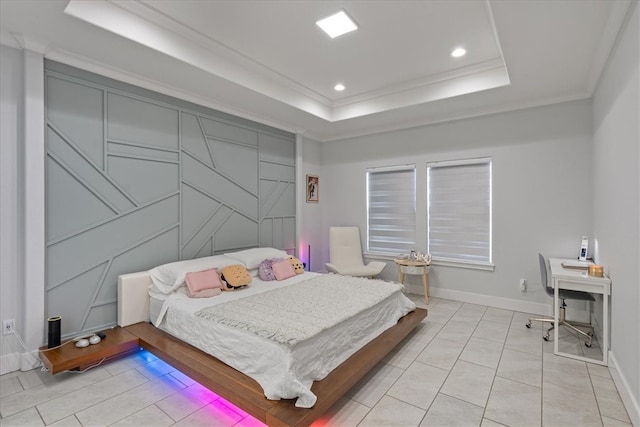 bedroom featuring crown molding, light tile patterned floors, and a raised ceiling