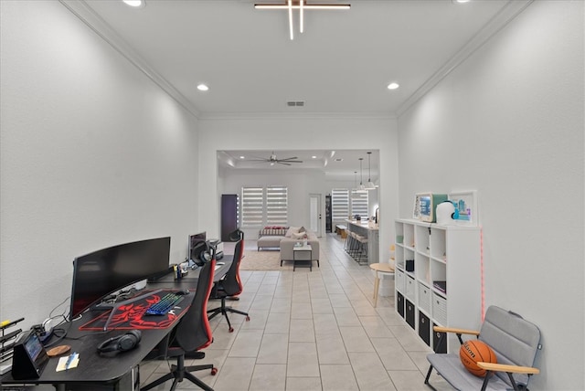 tiled office space with ceiling fan and ornamental molding