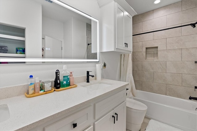 full bathroom with toilet, vanity, and shower / bathtub combination with curtain