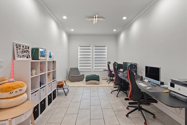 office with light tile patterned floors and ornamental molding