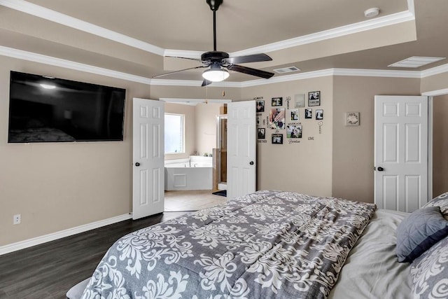 bedroom with ceiling fan, dark hardwood / wood-style floors, ornamental molding, and ensuite bathroom