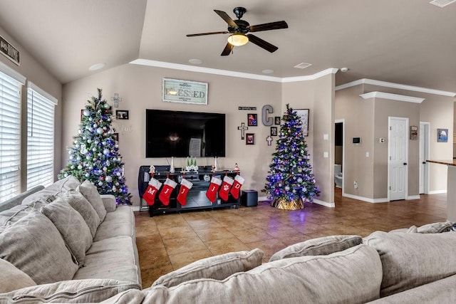 living room featuring lofted ceiling, ceiling fan, and ornamental molding