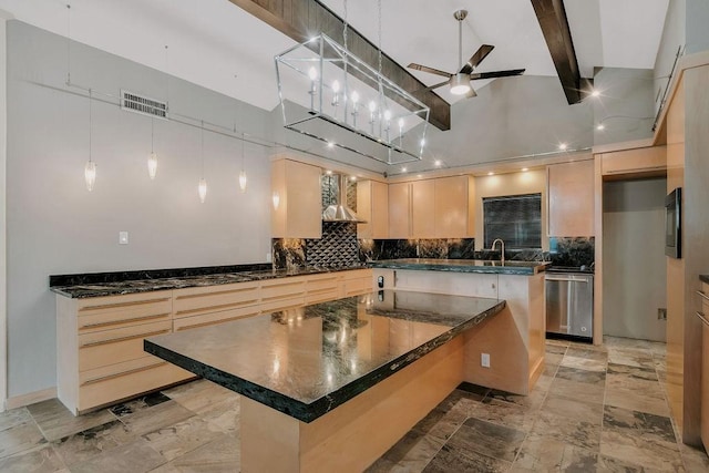 12308 Up River Rd, Corpus Christi, TX 78410 - kitchen with dishwasher, light brown cabinets, decorative backsplash, a ceiling fan, and a center island