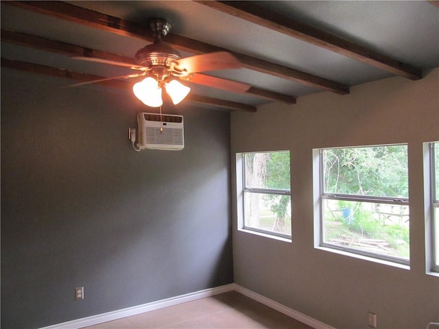 119 Horse Shoe Clf, Sandia, TX 78383 - unfurnished room featuring beamed ceiling, an AC wall unit, a ceiling fan, light tile patterned floors, and baseboards